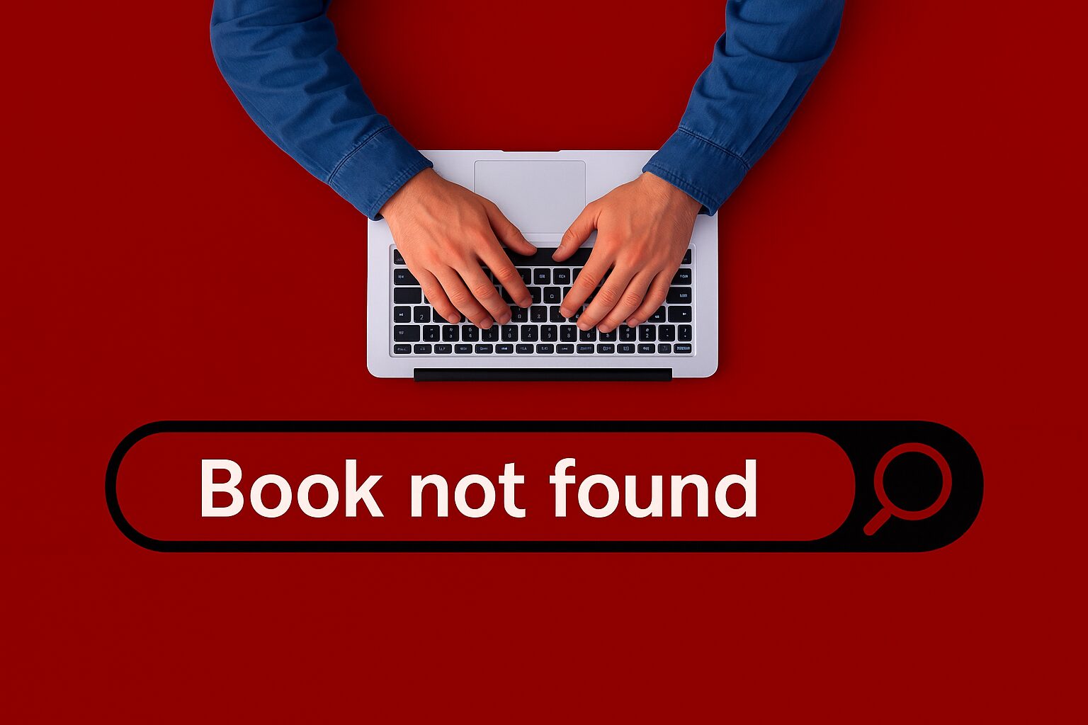 Person typing on laptop with search bar showing 'Book not found' message