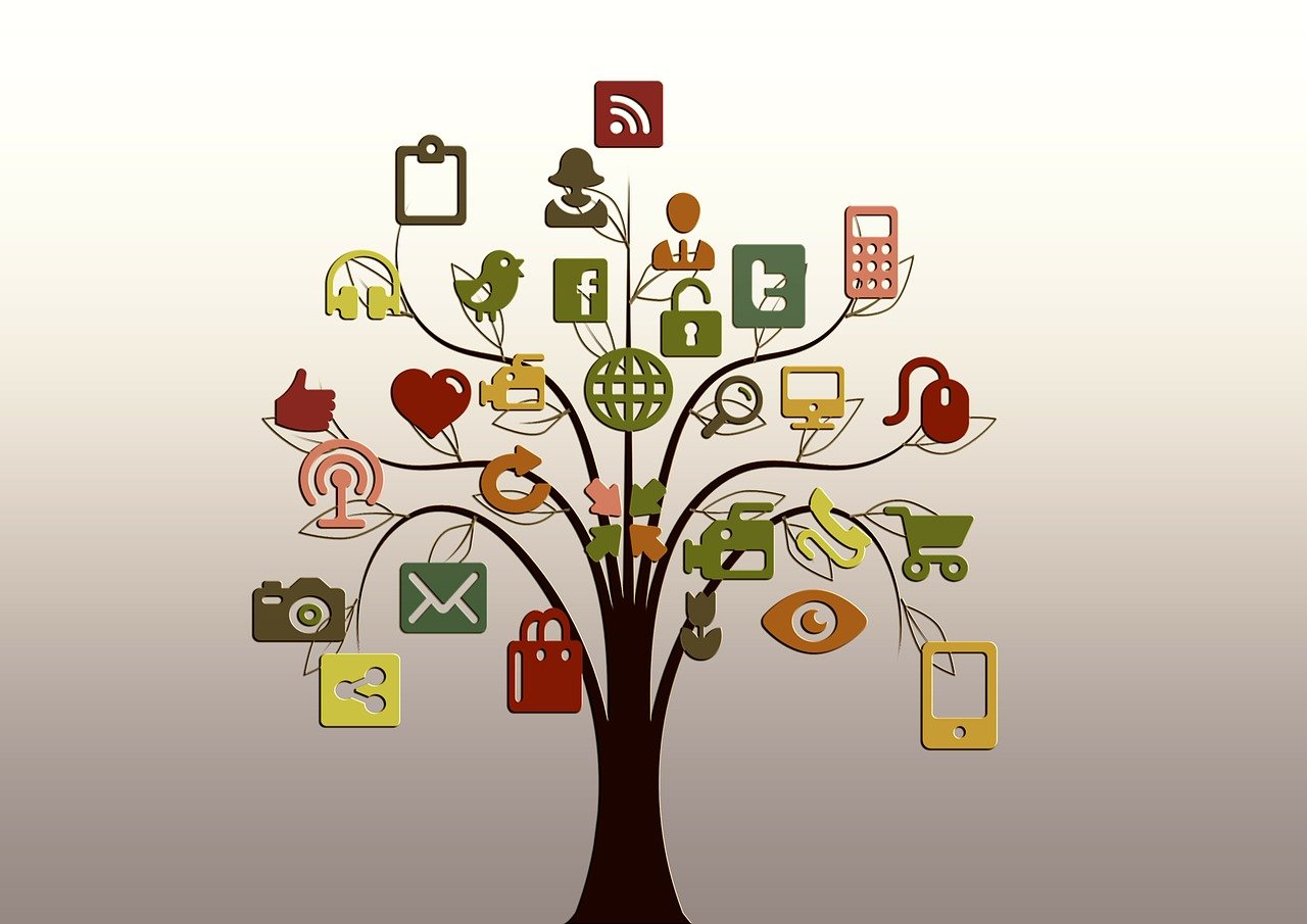 tree with digital icons as leaves, including social media, shopping, email, video, and security symbols—representing the interconnected rise of technology in daily life.