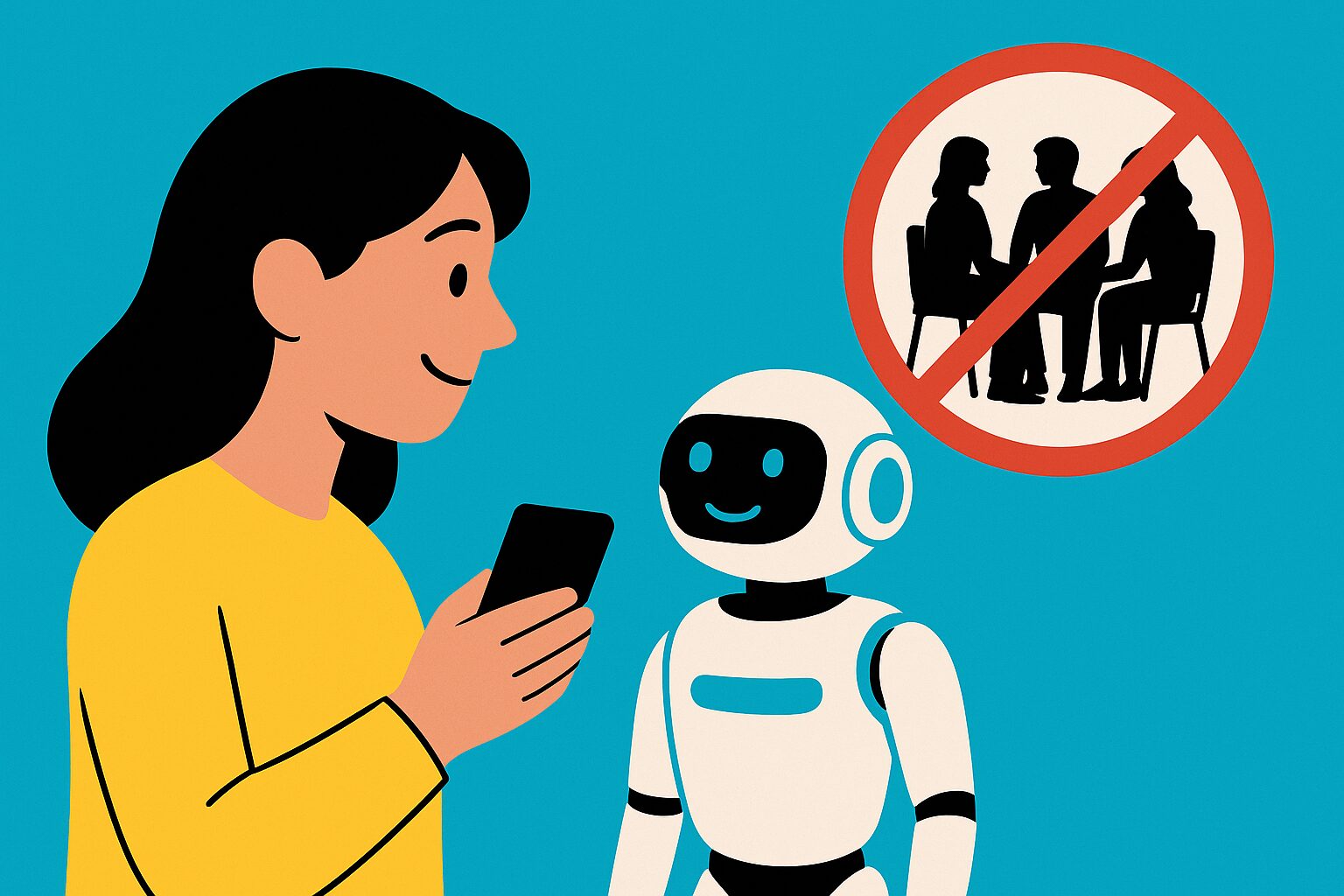 A human connects with an AI robot as a friend while ignoring nearby people, raising questions about replacing real human relationships with artificial ones.