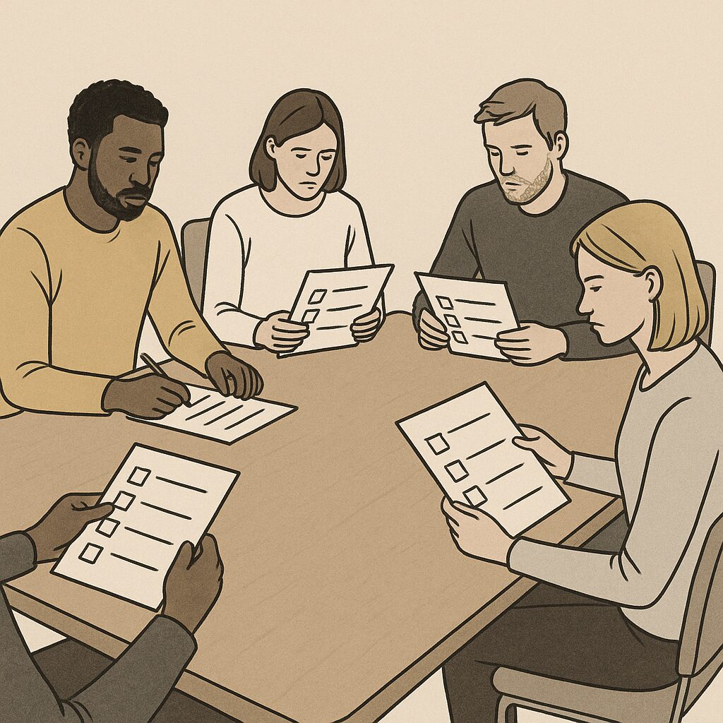 Team around a conference table with empty checklists.