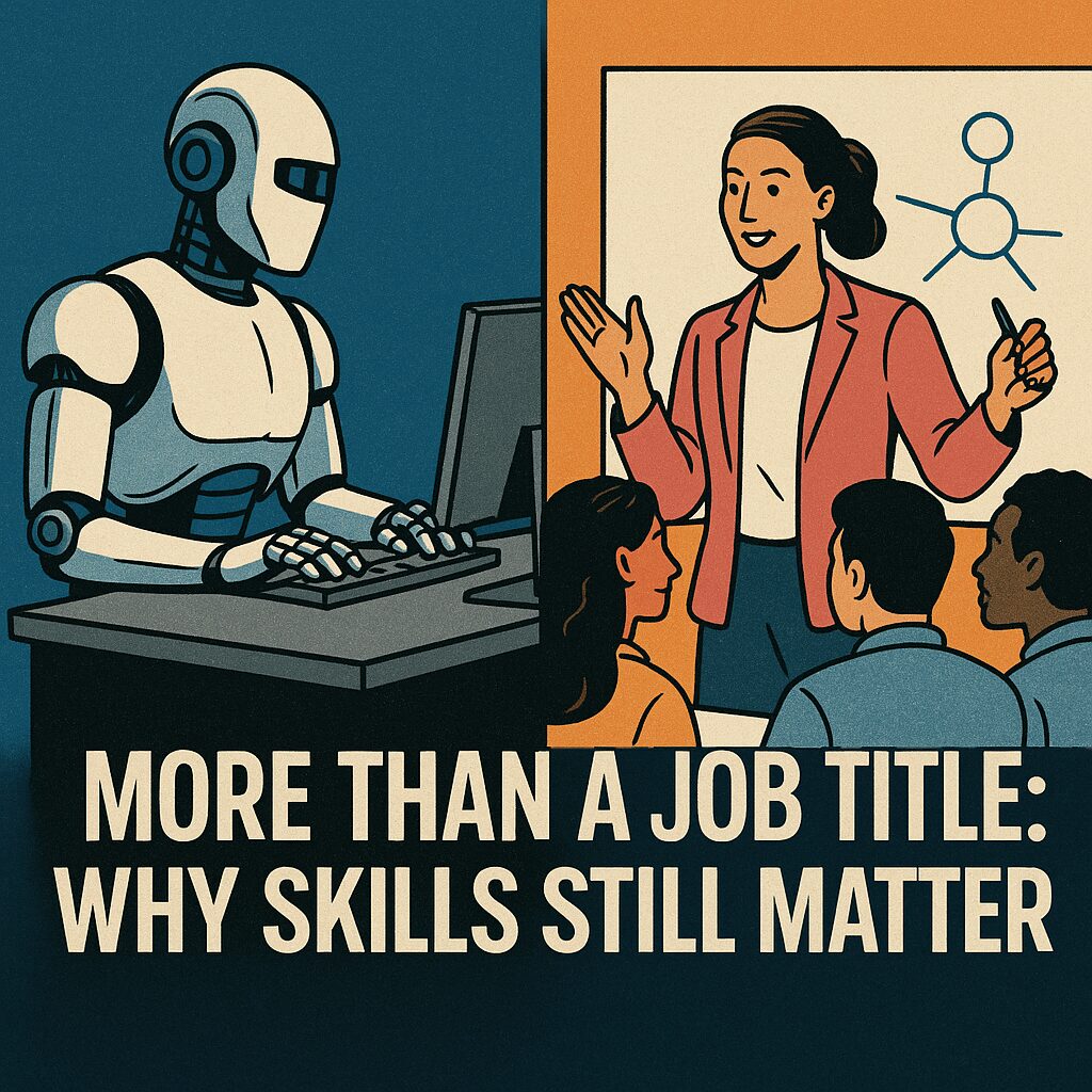 Split image of AI automation on one side and a human team leader on the other, highlighting the value of multi-skilled workers.