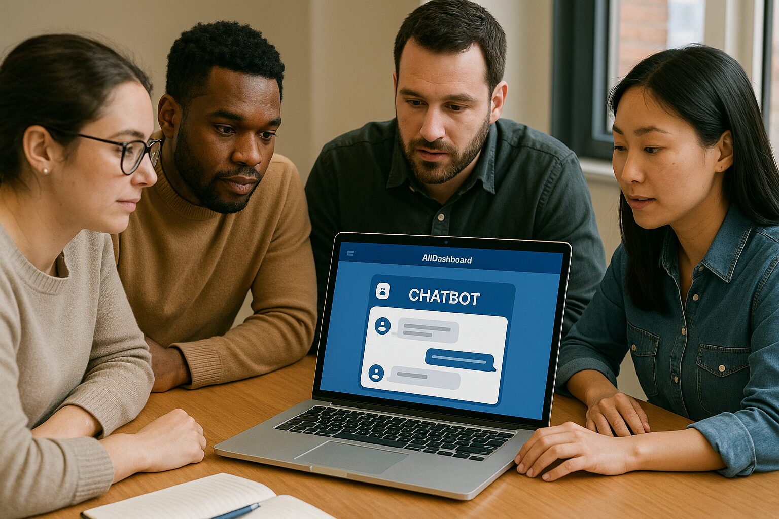 A Group sitting around a computer collaborating with the Chatbot