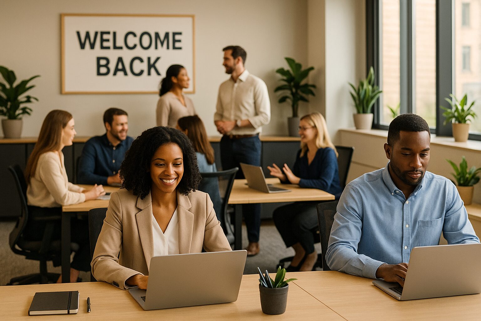 Workers returning to the office collaborating