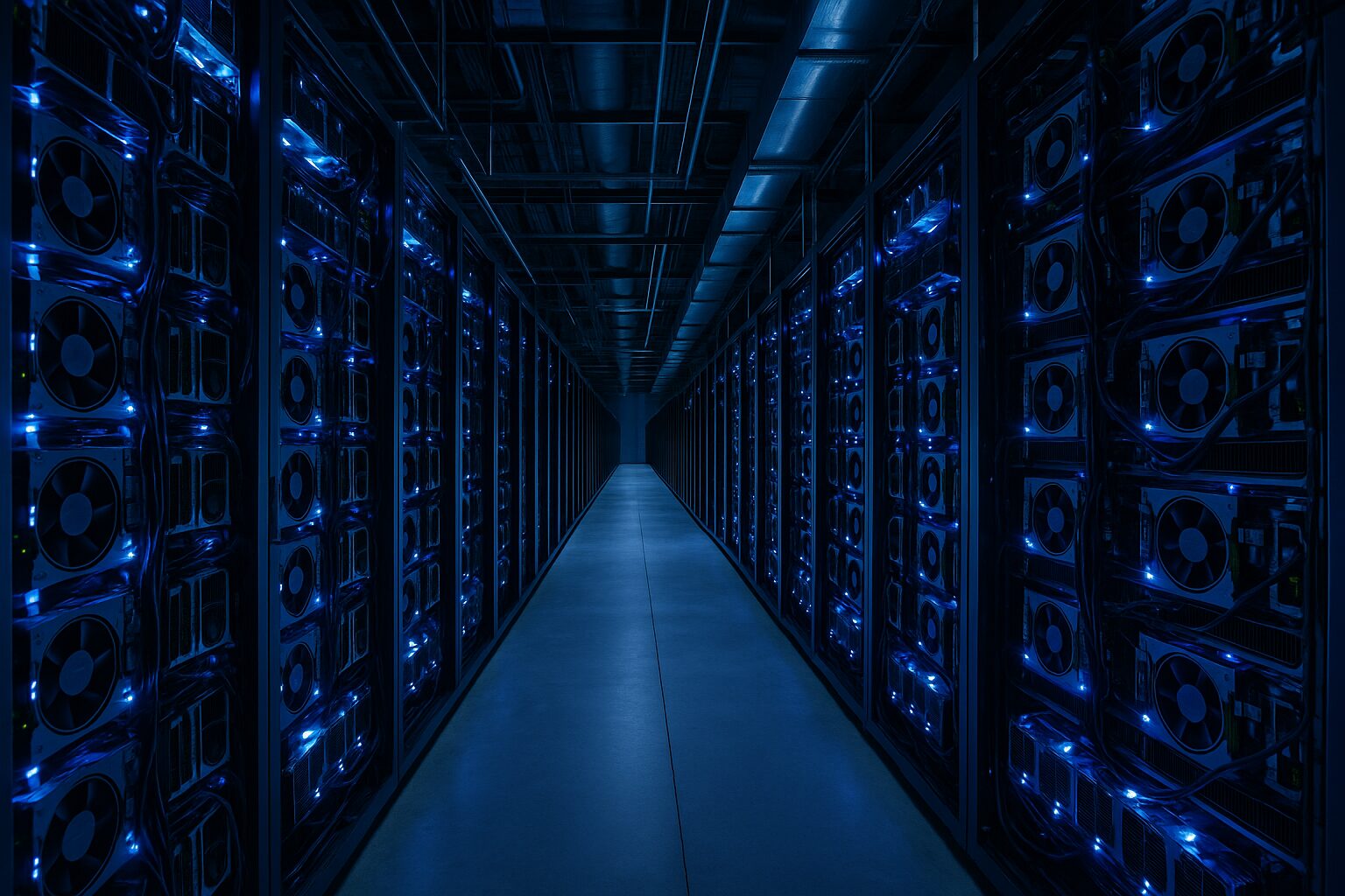 Interior of a GPU-powered data center illuminated by blue light, highlighting rows of servers under heavy AI processing load