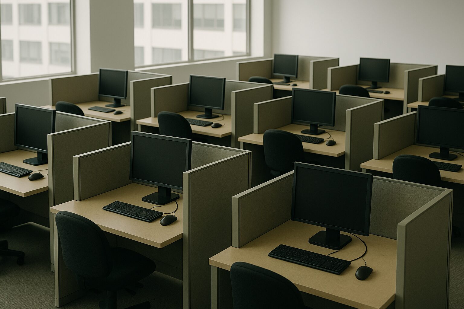 Empty office desks representing AI-driven job cuts and shrinking white-collar workforces.