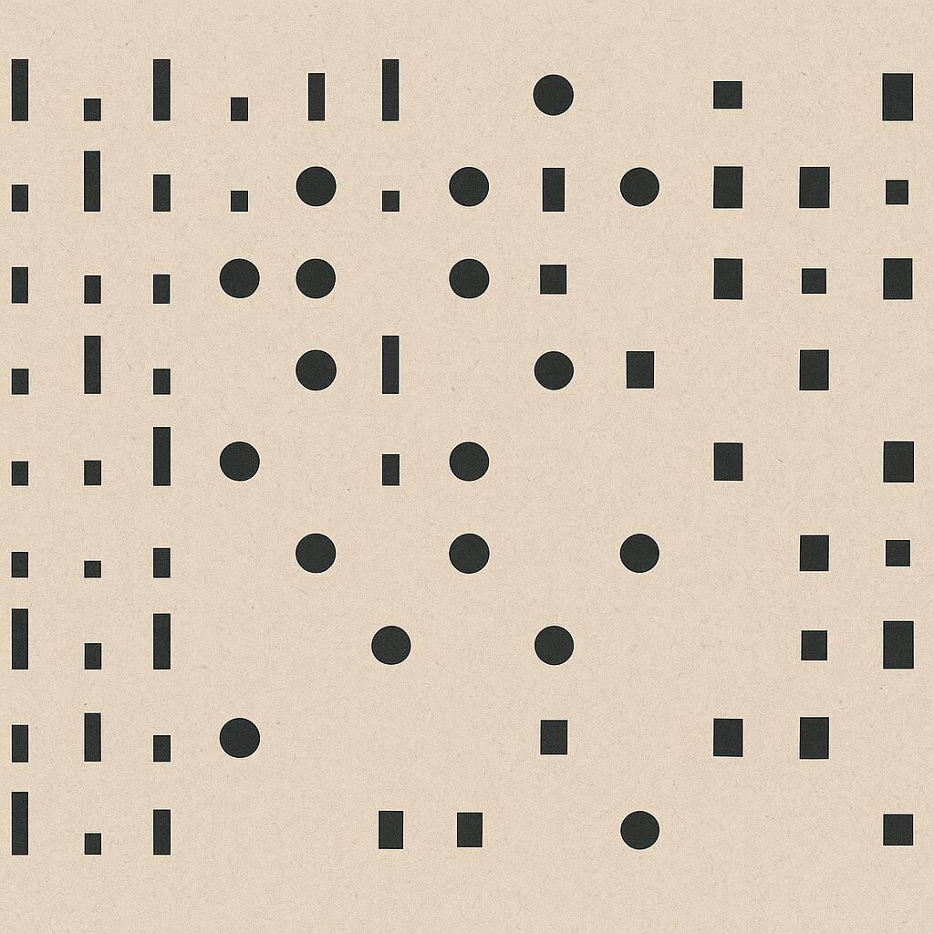 A minimalist grid pattern of black vertical bars, circles, and squares arranged evenly against a beige textured background, resembling abstract data visualization.