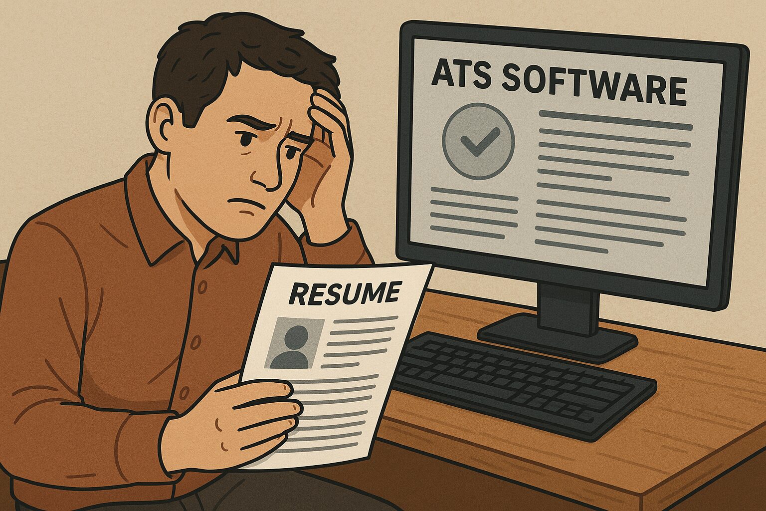 A frustrated job seeker reviewing a generic resume next to a computer showing ATS software.