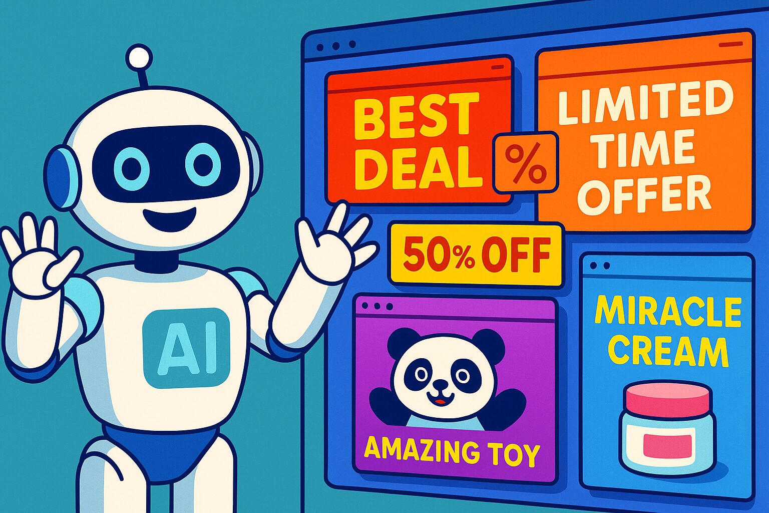Best Deal” and “Miracle Cream,” symbolizing deceptive AI advertising.