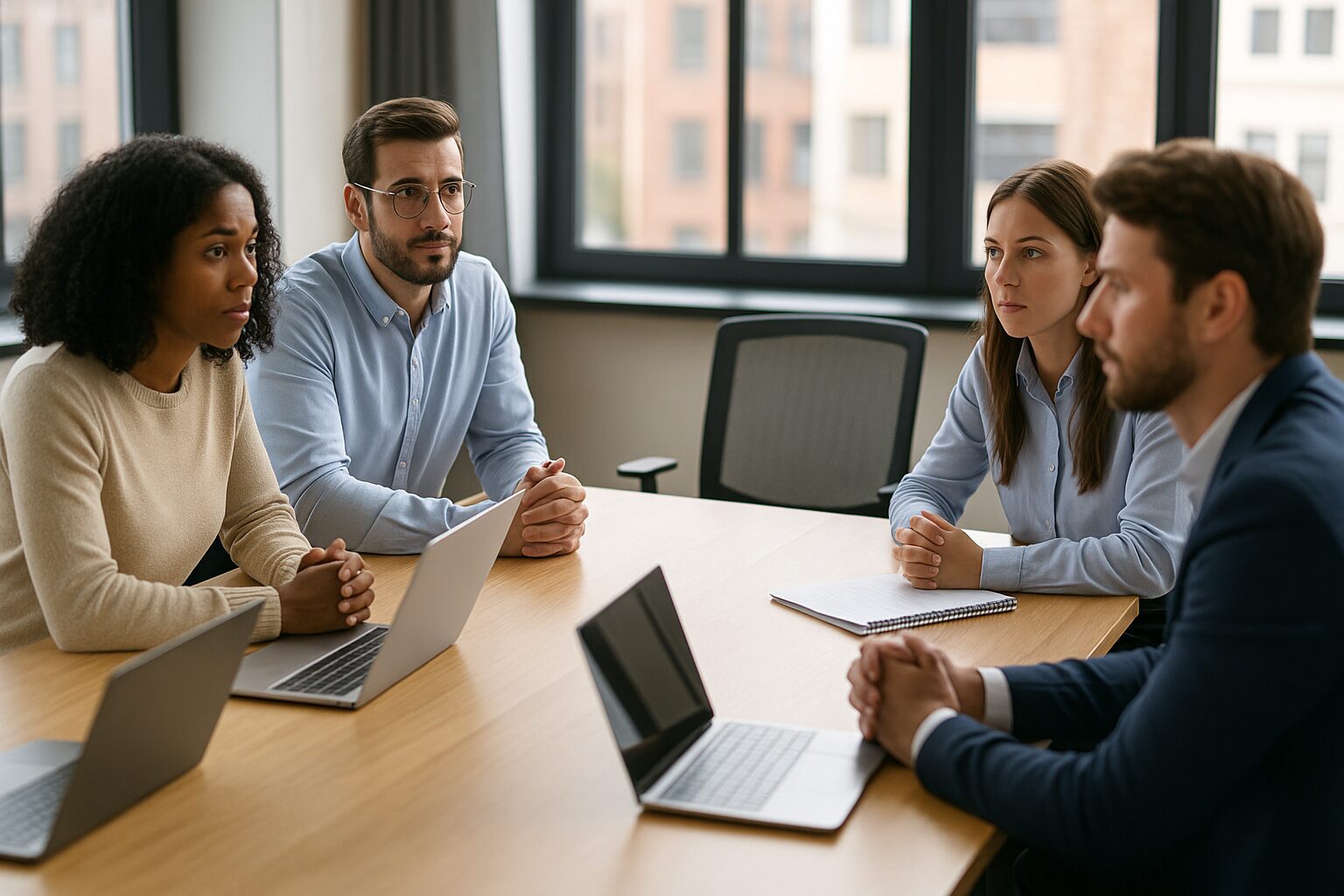 A team around a table staring at an empty chair, laptops open, waiting for the one person with the info.