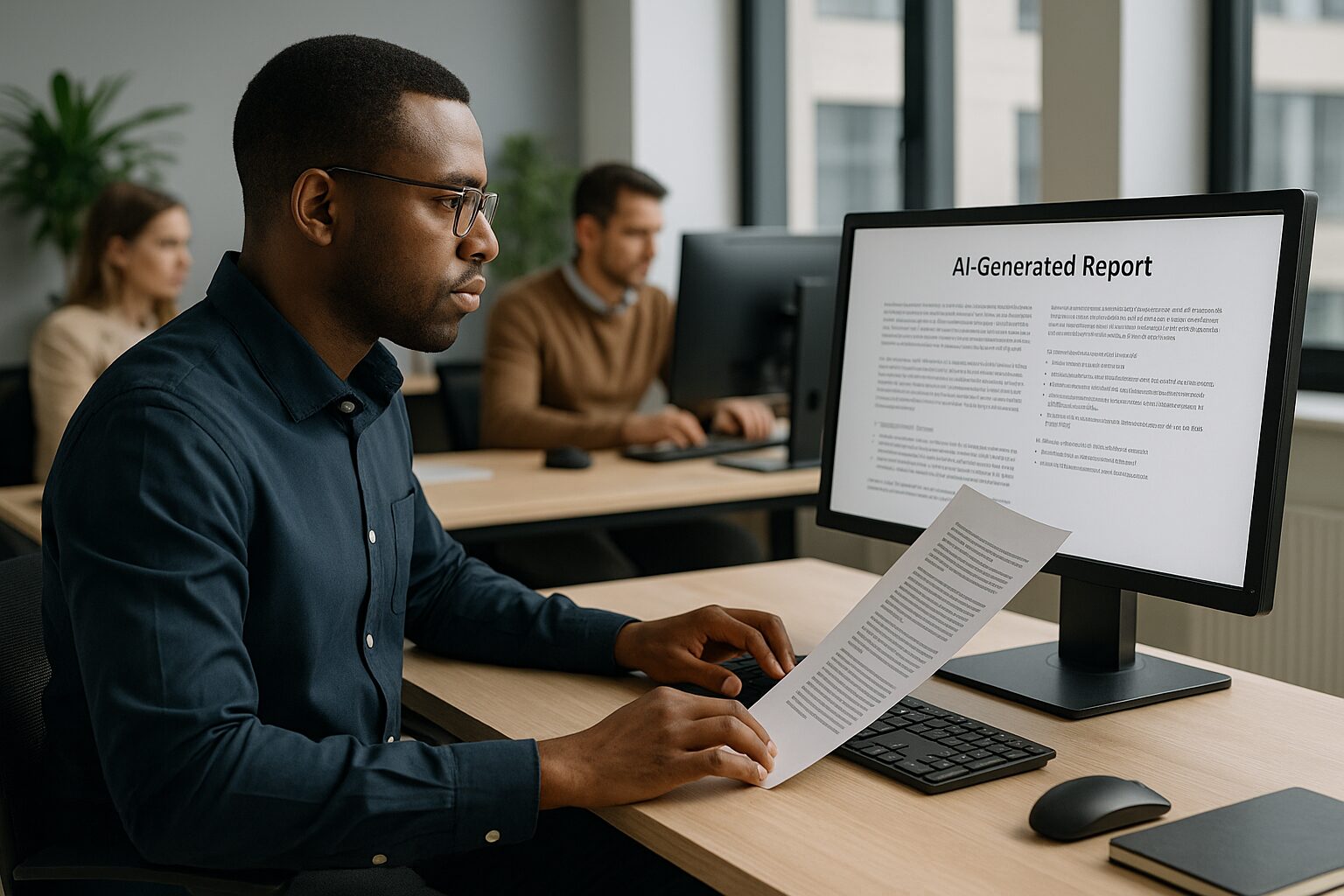 Human reviewing AI output in office setting