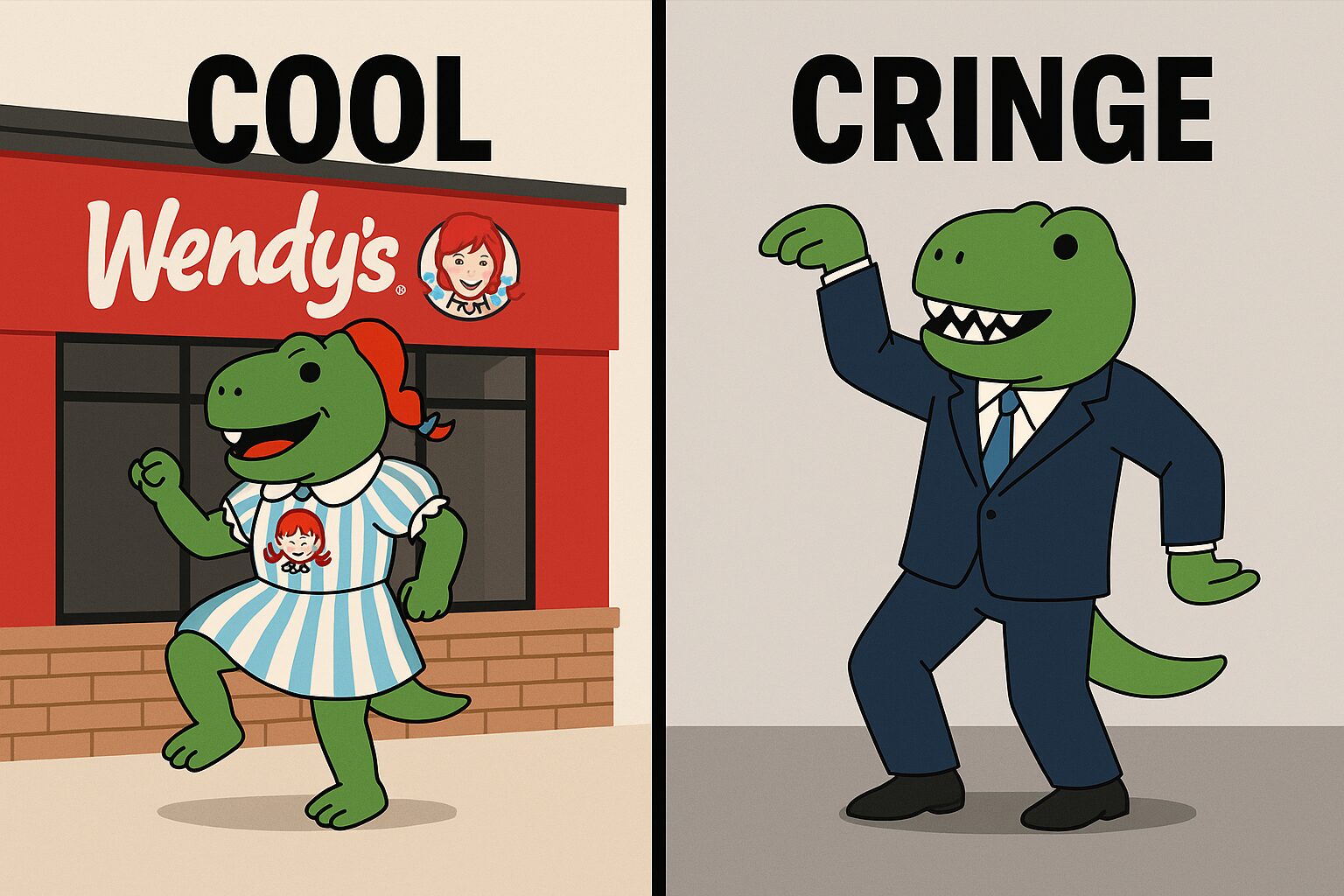 Split-screen cartoon image showing two dinosaur mascots dancing. The left side, labeled “COOL,” features a dinosaur dressed as the Wendy’s mascot dancing outside a Wendy’s restaurant. The right side, labeled “CRINGE,” shows a dinosaur in a business suit awkwardly dancing in a plain setting, highlighting the contrast between authentic and forced brand trend participation.