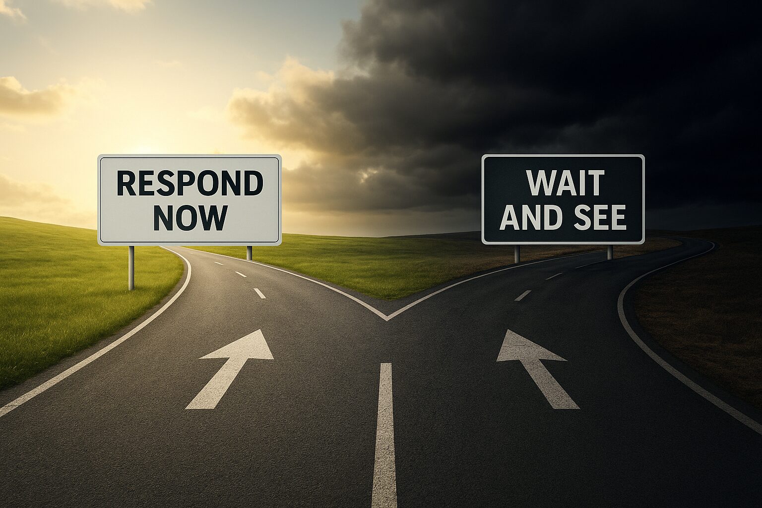 Image of two diverging roads labeled “Respond Now” and “Wait and See,” with the “Respond Now” path shown in bright daylight and the “Wait and See” path dark and stormy, representing the consequences of delayed crisis communication.