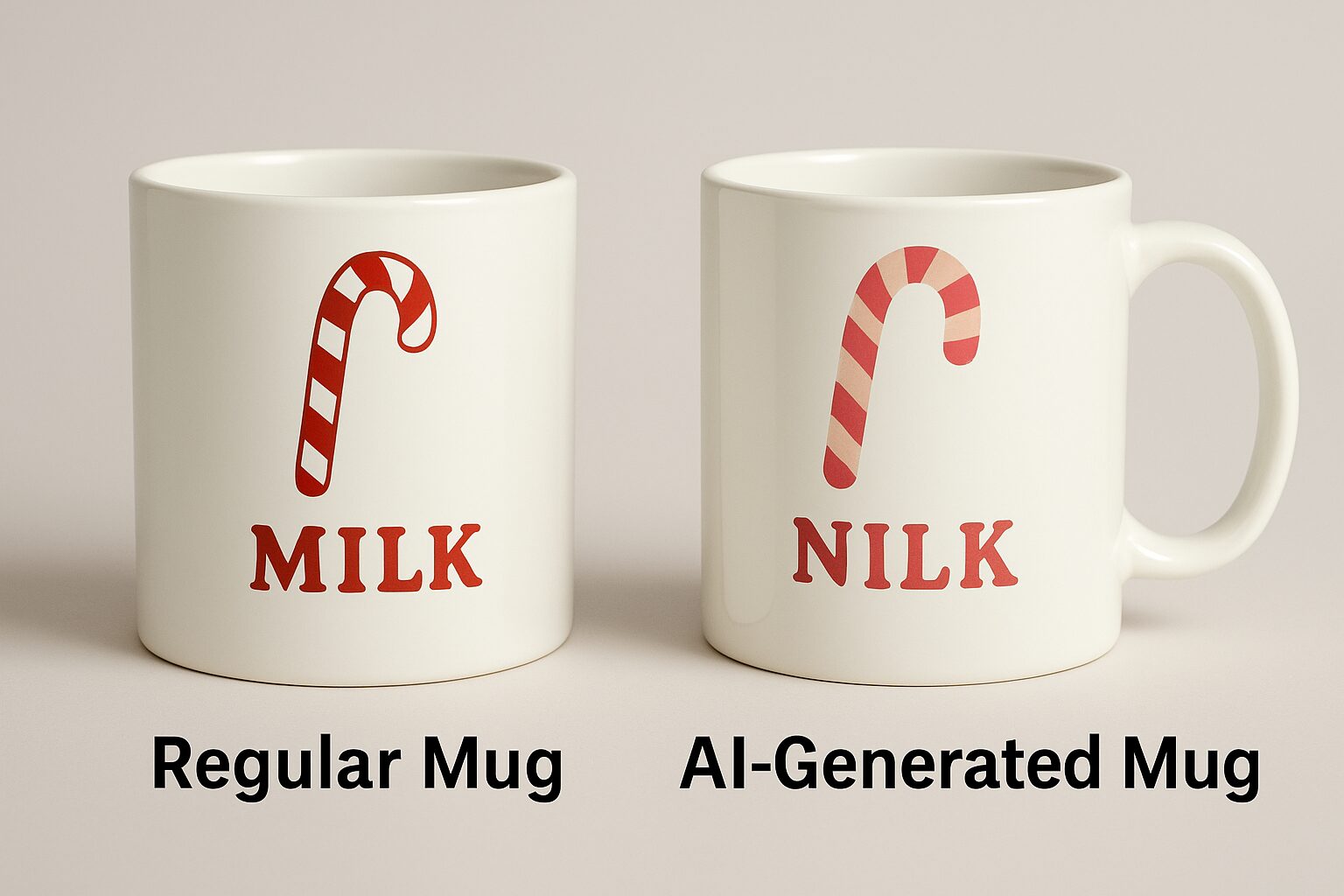 Side by side comparison of a regular holiday mug labeled ‘Milk’ and an AI generated mug labeled ‘Nilk,’ showing the design flaws common in AI produced merchandise.