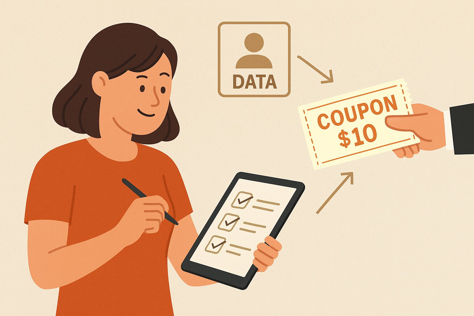 A woman fills out a digital survey on a tablet while a hand offers her a $10 coupon in exchange for her personal data, illustrating a value-exchange concept.