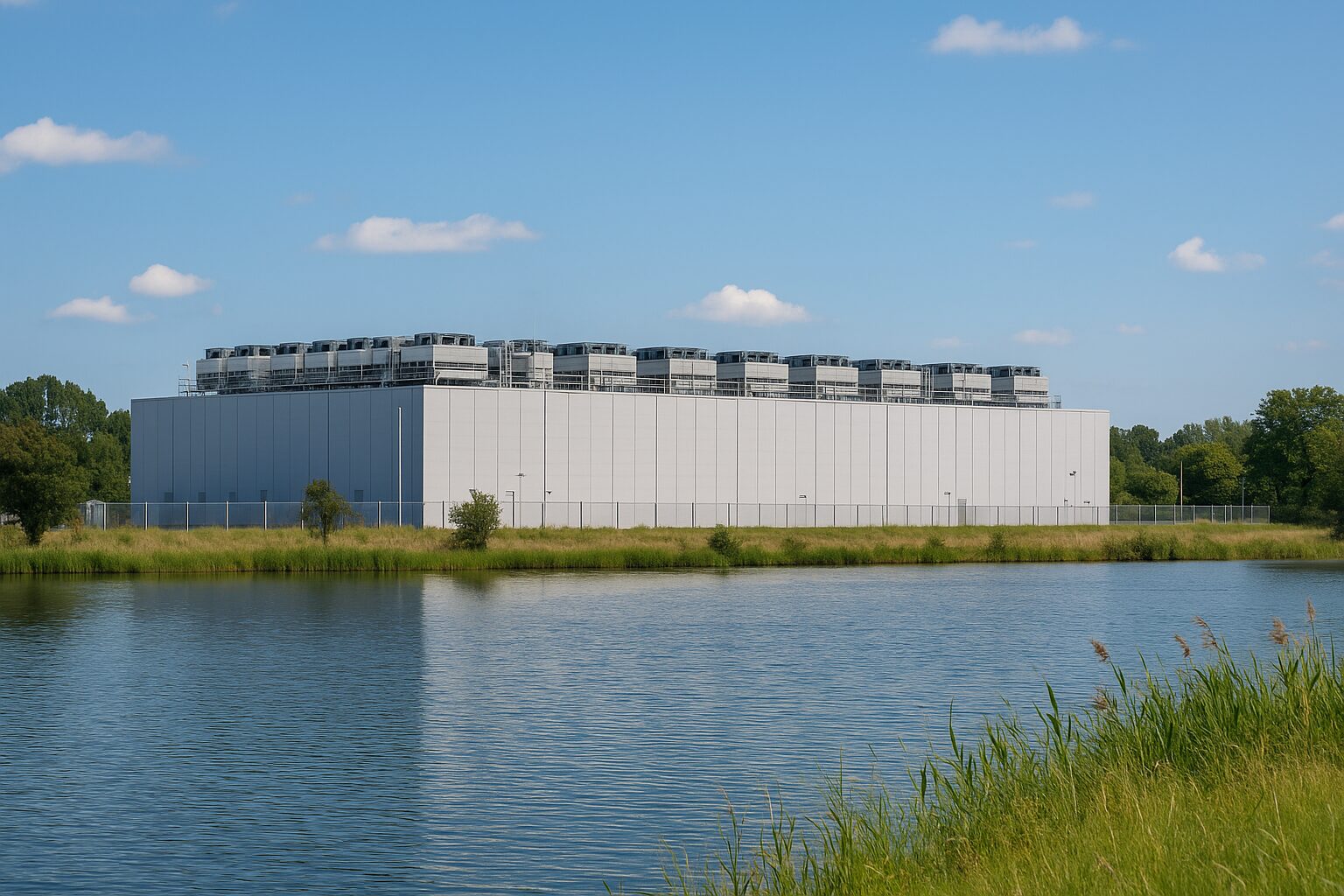 Large modern data center facility located next to a body of water, illustrating the environmental resources required to support AI infrastructure.