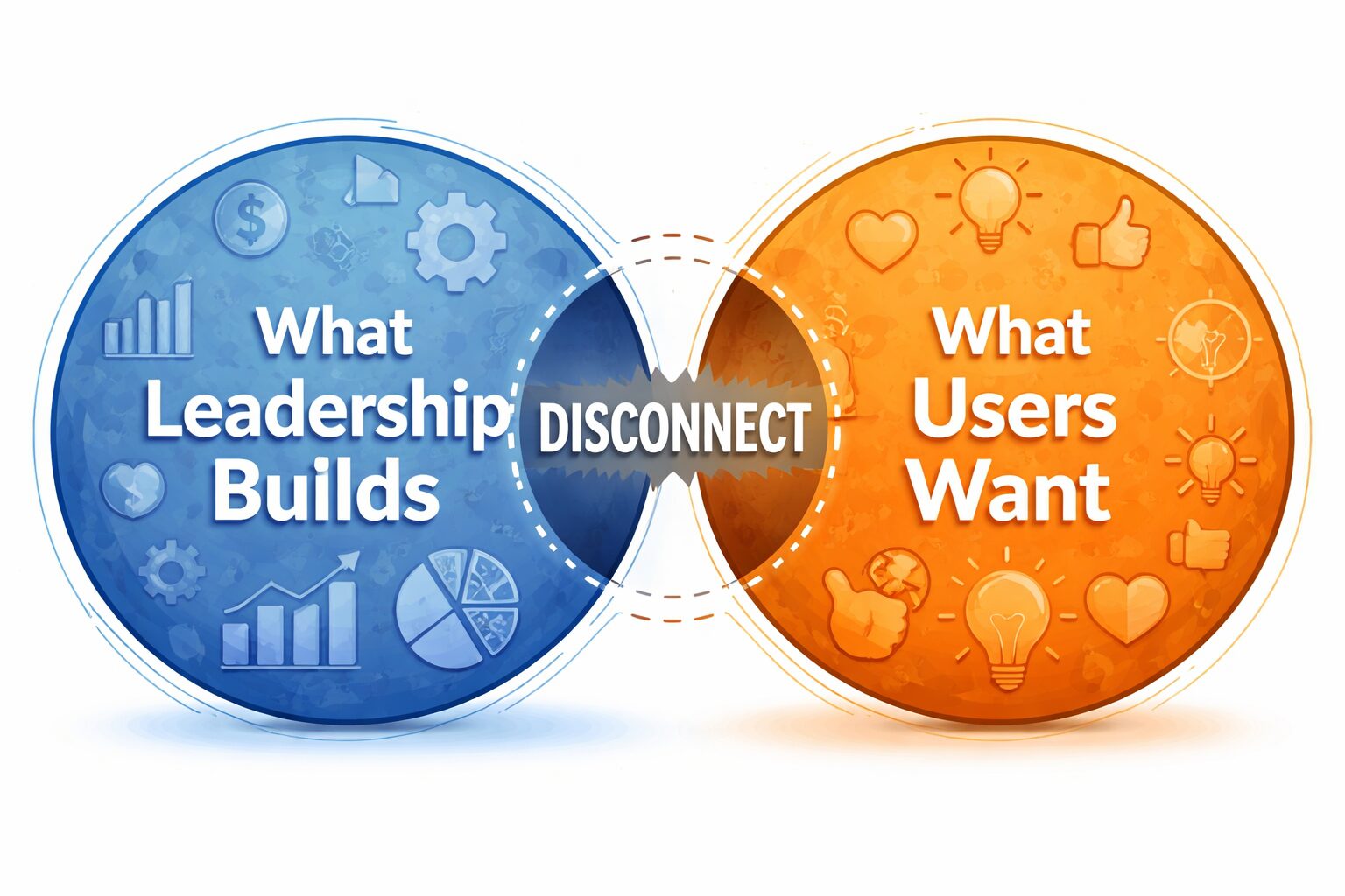 Two large circles labeled ‘What Leadership Builds’ and ‘What Users Want’ sit close together but do not overlap, with a visible gap between them labeled ‘Disconnect,’ illustrating the misalignment between organizational intent and user needs.