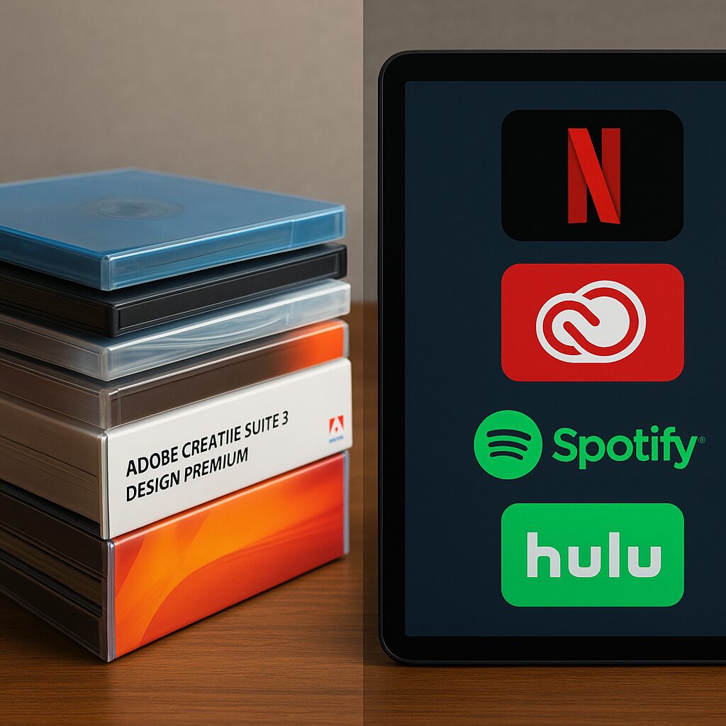Split image showing a stack of physical DVDs, game discs, and software boxes on the left, contrasted with a tablet displaying subscription service icons (Netflix, Adobe Creative Cloud, Spotify, Hulu) on the right.