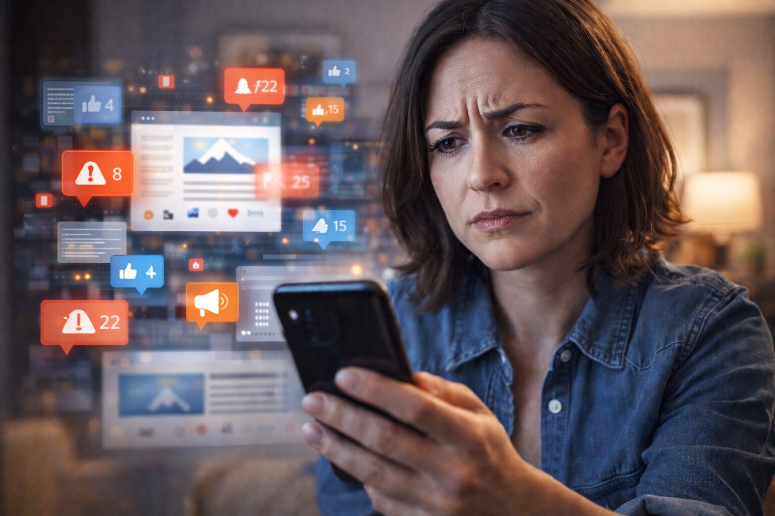 A woman pauses mid-scroll on her smartphone with a skeptical expression as digital notifications float around her, symbolizing content overload, audience fatigue, and declining trust in online media.