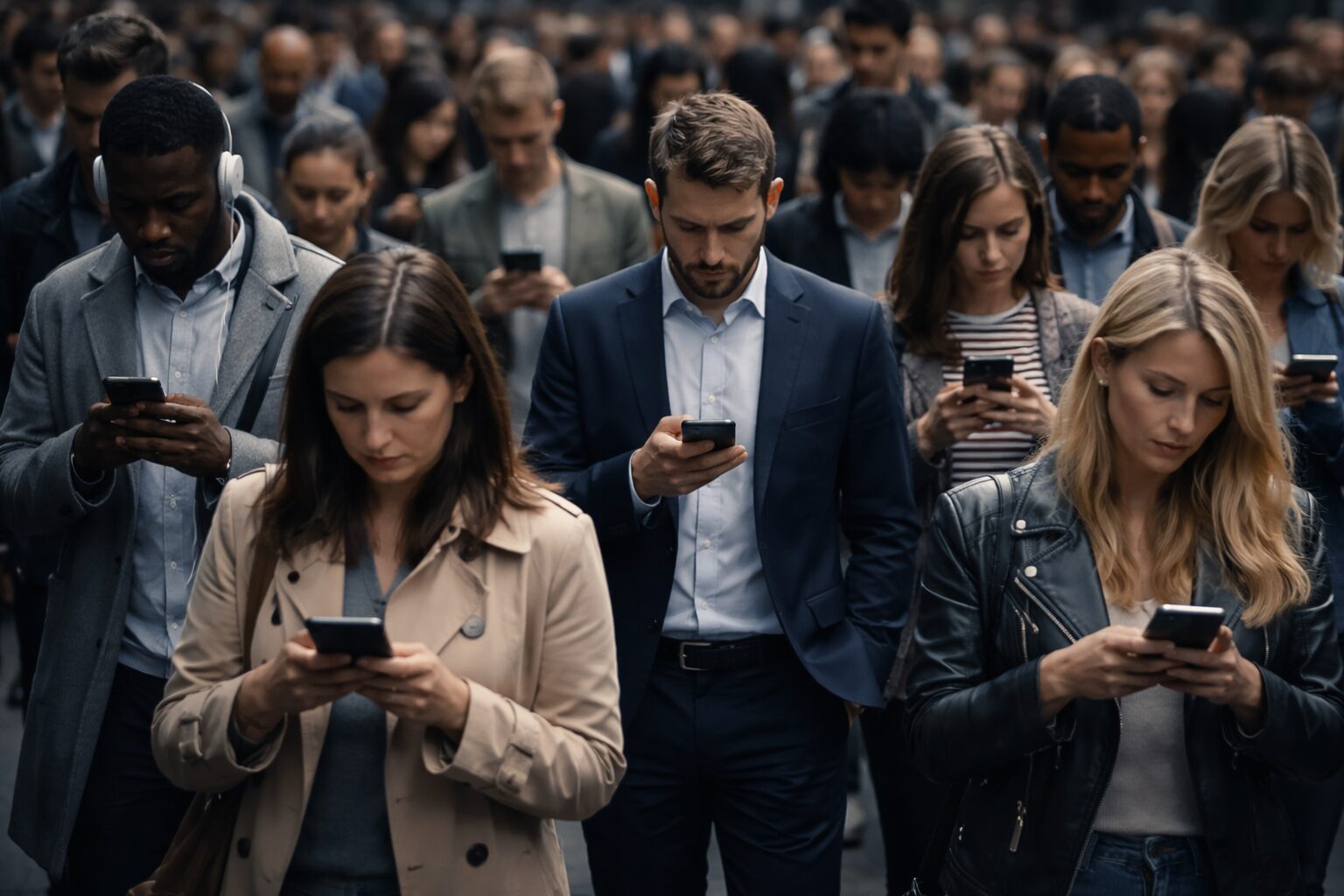 A large group of people walking through a city street, each looking down at their smartphone, disconnected from one another despite moving together.