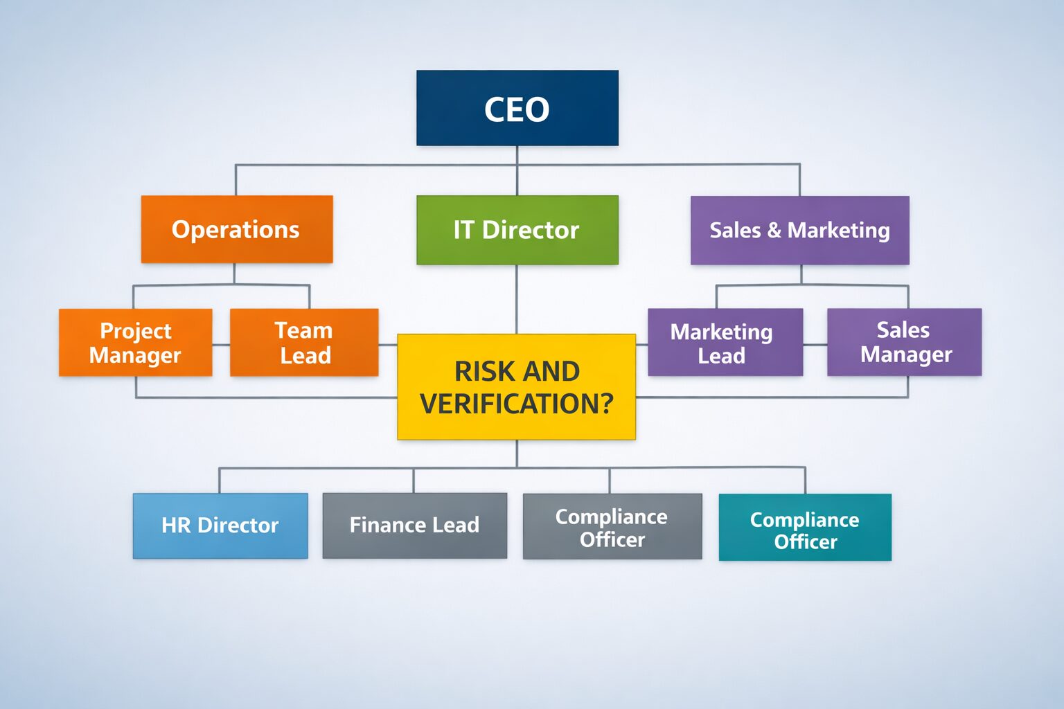 Organizational chart with labeled department boxes under ‘CEO’ and a central highlighted blank role labeled ‘Risk and Verification?’ indicating missing accountability ownership.