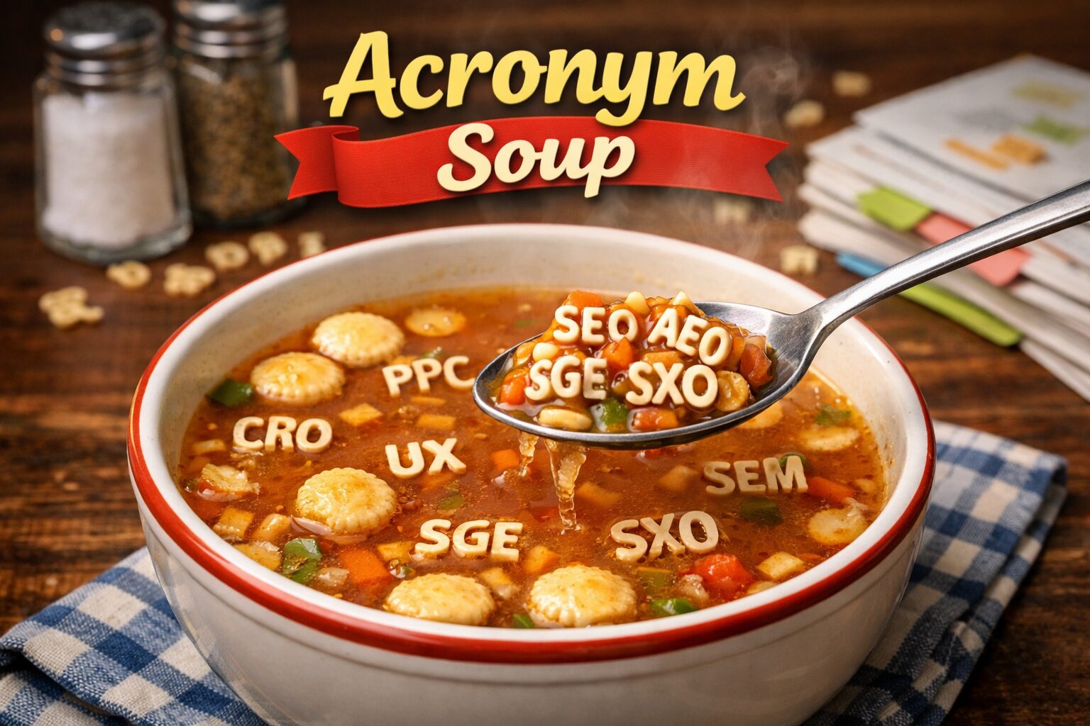 A steaming bowl of “Acronym Soup” on a wooden table, with letter-shaped acronyms like SEO, AEO, SGE, SXO, PPC, CRO, UX, and SEM floating in the soup as a spoon lifts a scoop; salt and pepper shakers and a stack of papers sit blurred in the background.