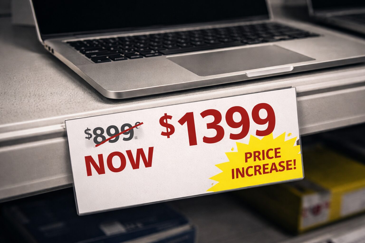 Close-up of a laptop on a store shelf with a price tag showing $899 crossed out and replaced by $1,399, highlighting a sharp price increase.