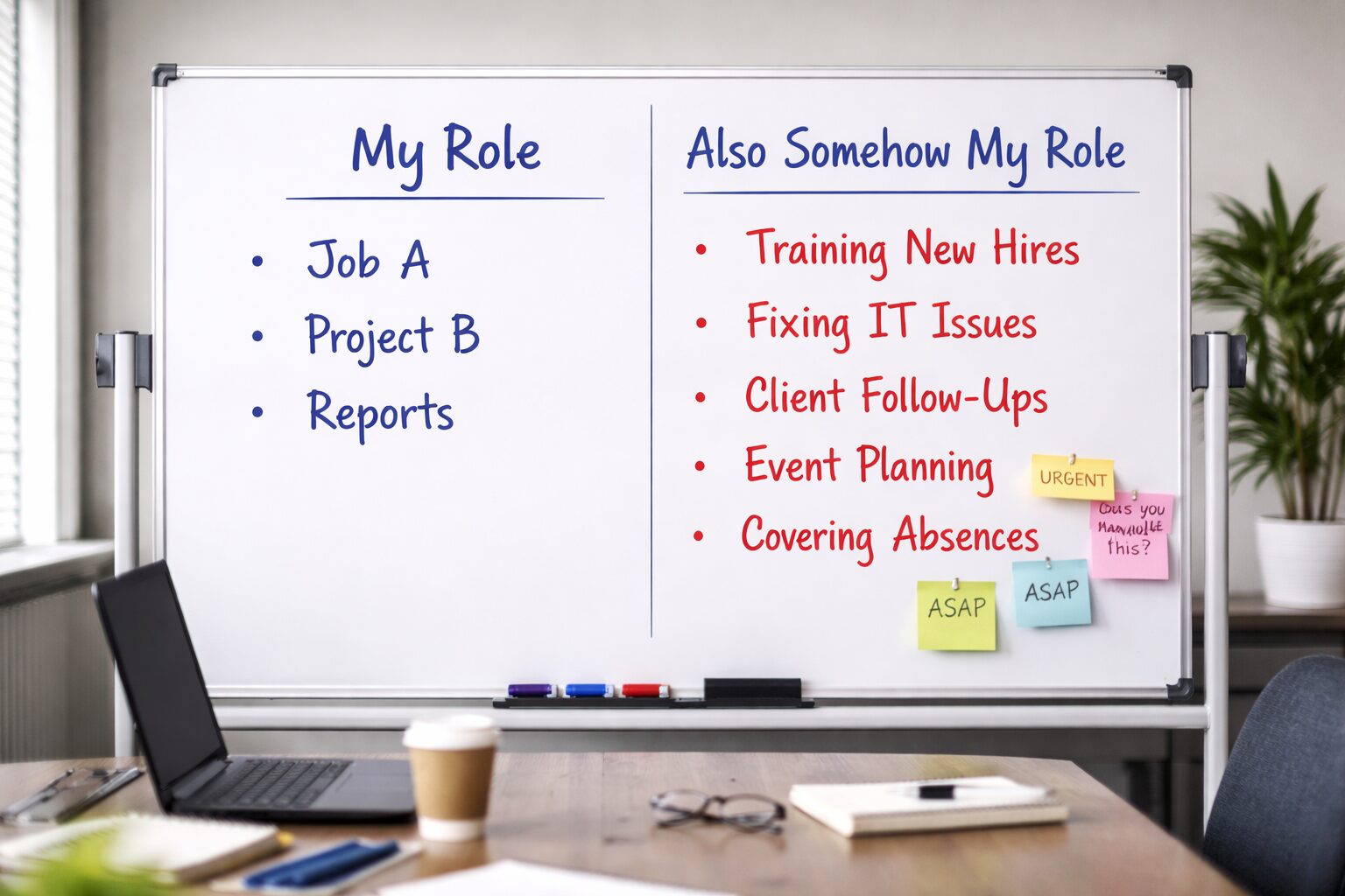 Conference room whiteboard divided into two columns labeled “My Role” and “Also Somehow My Role,” listing core duties on the left and extra responsibilities on the right with urgent sticky notes.