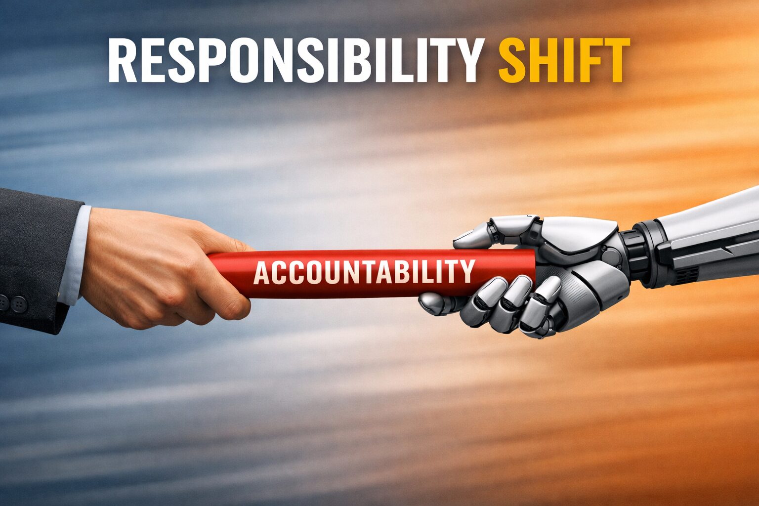 Human hand in a suit passes a red baton labeled “ACCOUNTABILITY” to a robotic hand under the headline “RESPONSIBILITY SHIFT,” symbolizing the transfer of responsibility to AI.