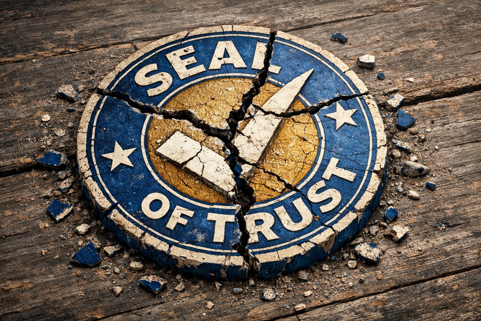 A cracked circular seal of trust lies broken on a weathered wooden surface, with shattered pieces scattered around it, symbolizing damaged credibility and eroded confidence.