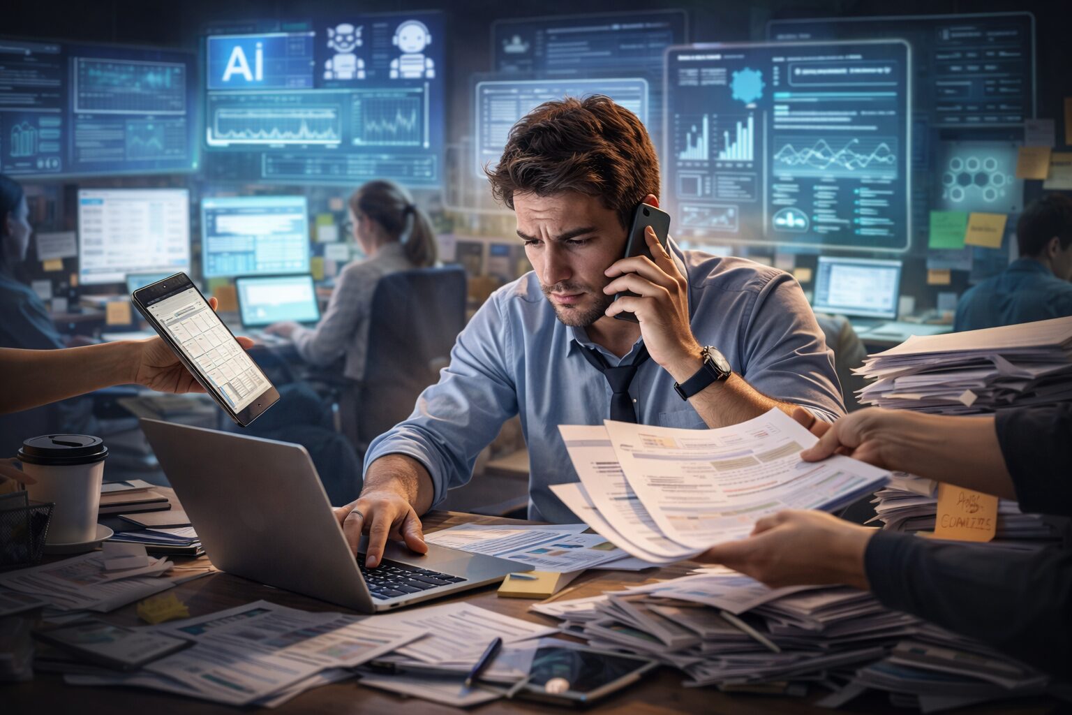 Overworked office employee manages a phone call, laptop, and stacks of paperwork while coworkers hand over more tasks, with glowing AI dashboards visible in the background.