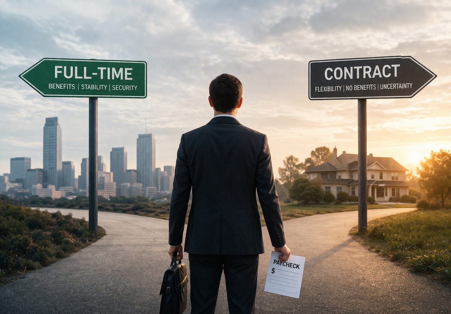 Professional standing between full-time and contract career paths holding a paycheck, representing modern job uncertainty and shifting employee trust