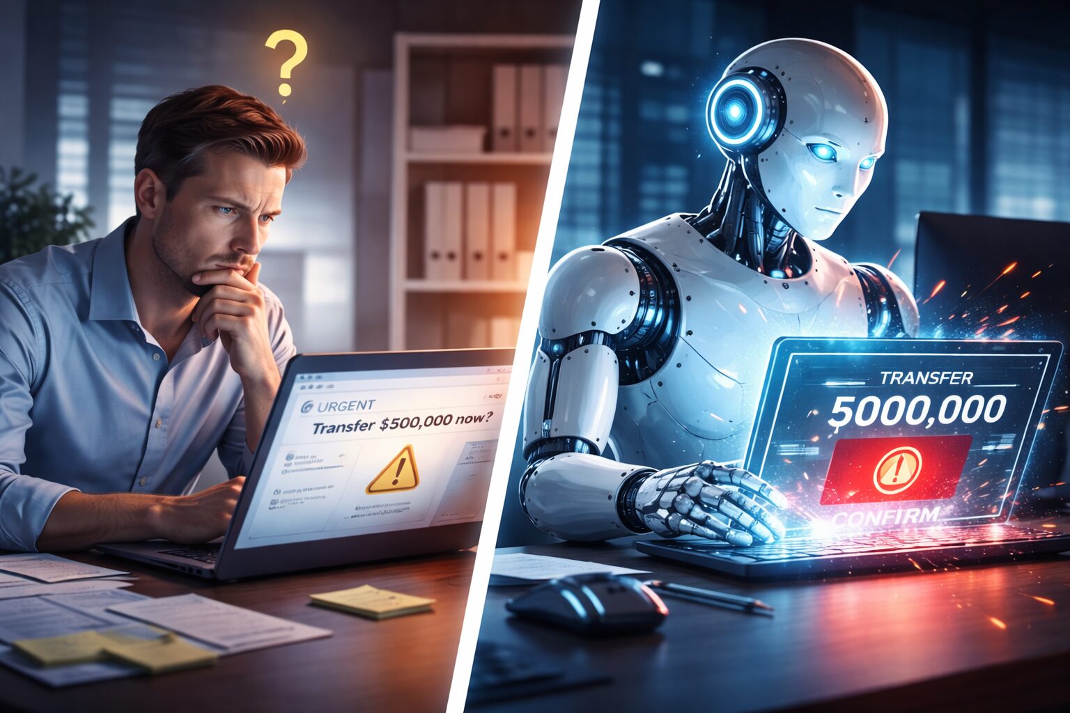 Split-screen image showing a human employee on the left pausing over a suspicious transfer request, while an AI-powered robot on the right instantly confirms a risky command on a glowing screen.