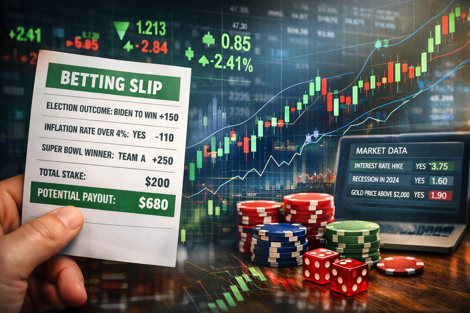 A betting slip held in a hand is layered over glowing stock market charts, candlestick graphs, casino chips, dice, and a laptop displaying market data, visually blending gambling and finance.
