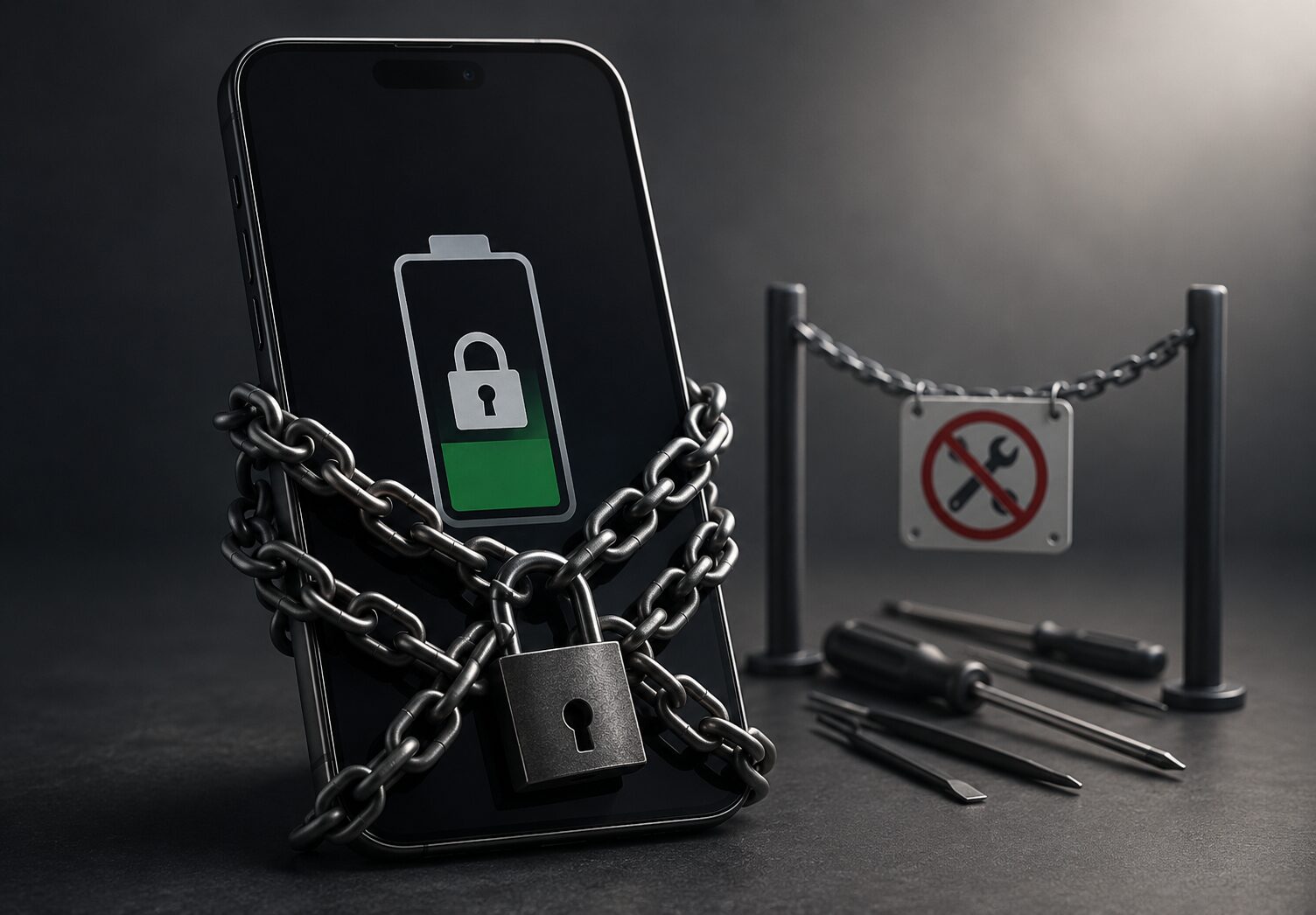 A smartphone wrapped in heavy chains displays a locked battery icon on its screen, with repair tools blocked in the background by a no-repair sign.