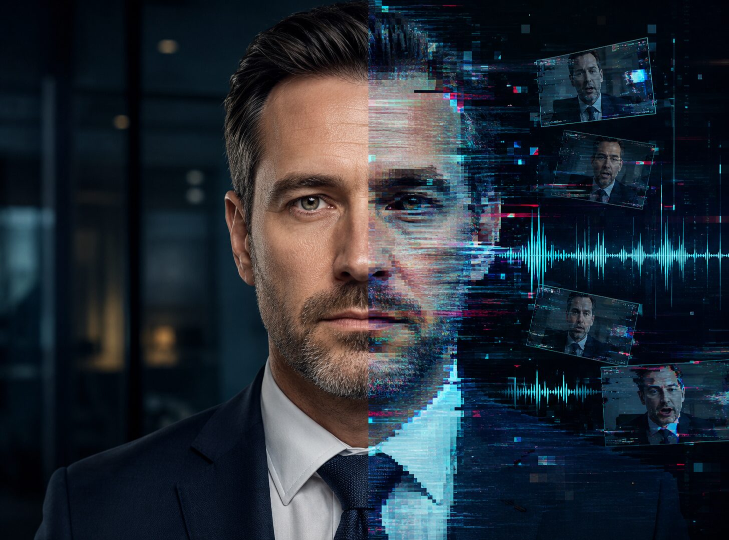 A corporate executive’s face is split down the middle, with one side appearing normal and the other side distorted by digital glitches, AI artifacts, fake video frames, and voice waveform graphics.
