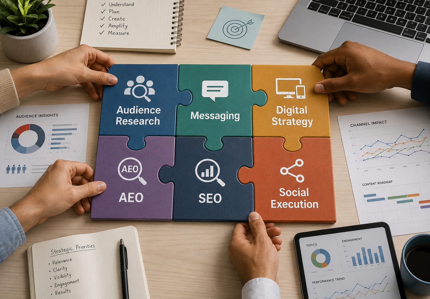 Overhead view of a desk where several hands are assembling a six-piece puzzle labeled Audience Research, Messaging, Digital Strategy, AEO, SEO and Social Execution, surrounded by charts, a laptop, a notebook, and a tablet, symbolizing how communications strategy depends on connected specialized roles.