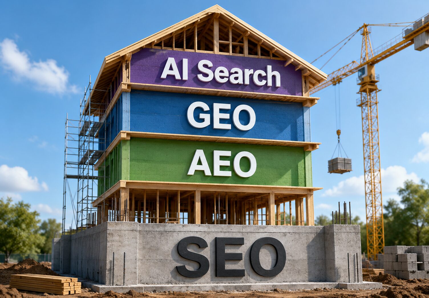A house under construction with “SEO” labeled on the concrete foundation and “AEO,” “GEO,” and “AI Search” stacked as upper floors, showing that AI search visibility depends on a strong SEO foundation.