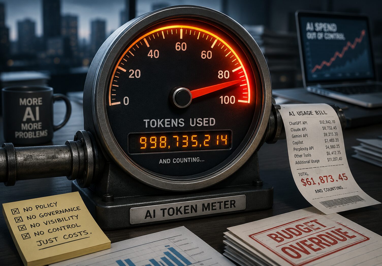 AI token meter running near maximum on an office desk, with a rising AI usage bill, budget overdue warning and notes showing no policy, no governance, no visibility and no cost control.
