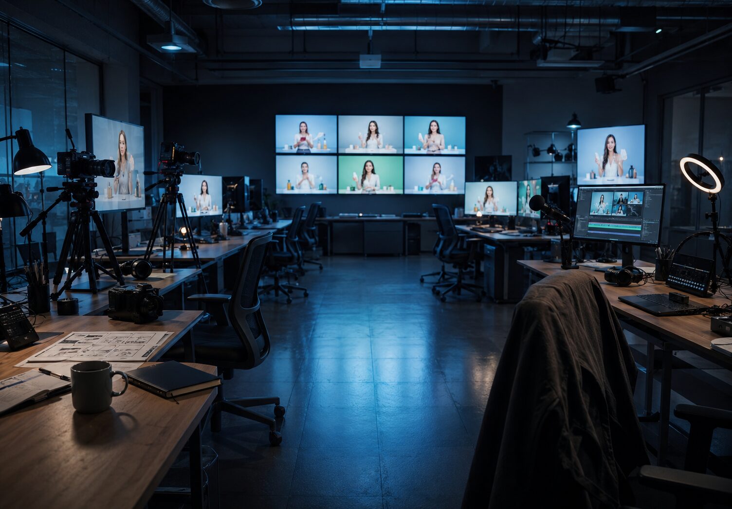 An empty creative department filled with unused cameras, editing stations and vacant desks while AI-generated advertisements continue playing across multiple screens.