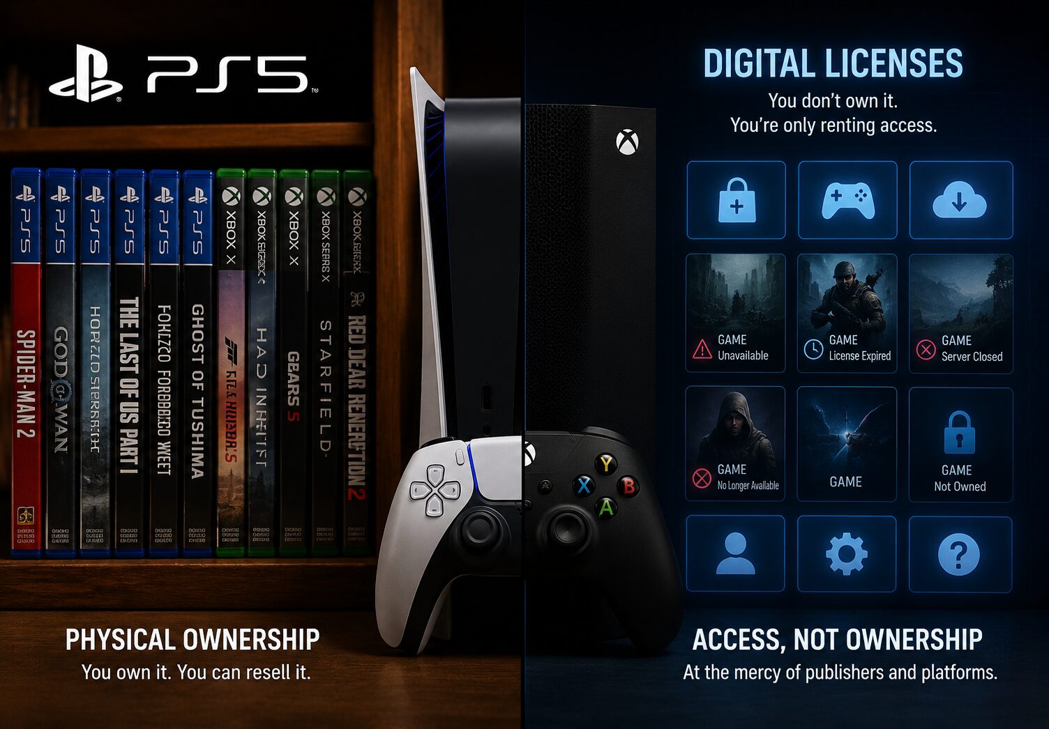 Split-screen illustration comparing physical and digital game ownership. On the left, a shelf of PlayStation and Xbox game cases sits beside PlayStation and Xbox consoles and controllers, labeled “Physical Ownership” with the message that you own and can resell the game. On the right, a dark blue digital interface shows game tiles, lock icons and warning labels such as unavailable, license expired and server closed, under the heading “Digital Licenses,” emphasizing access rather than true ownership.