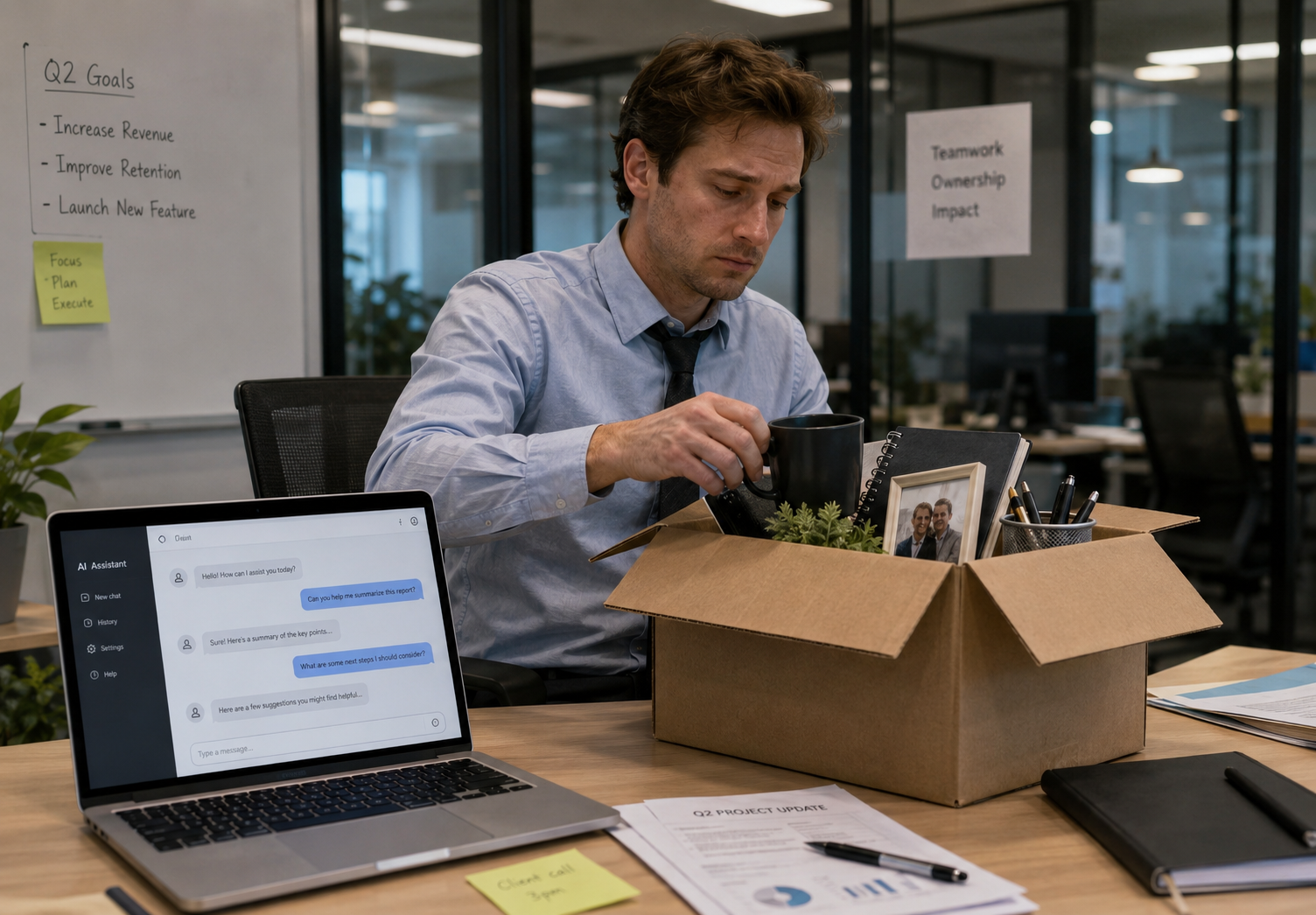 A worker packs personal belongings into a cardboard box at an office desk after losing his job while a nearby laptop displays a generic AI chat interface.