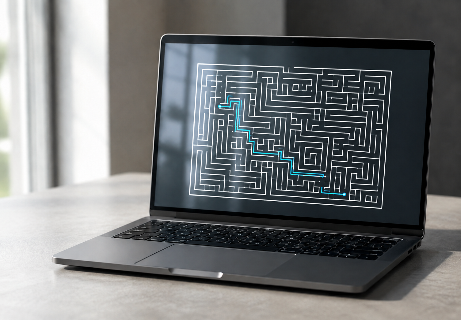 Open laptop displaying a bright white digital maze with a blue route highlighted across the screen.