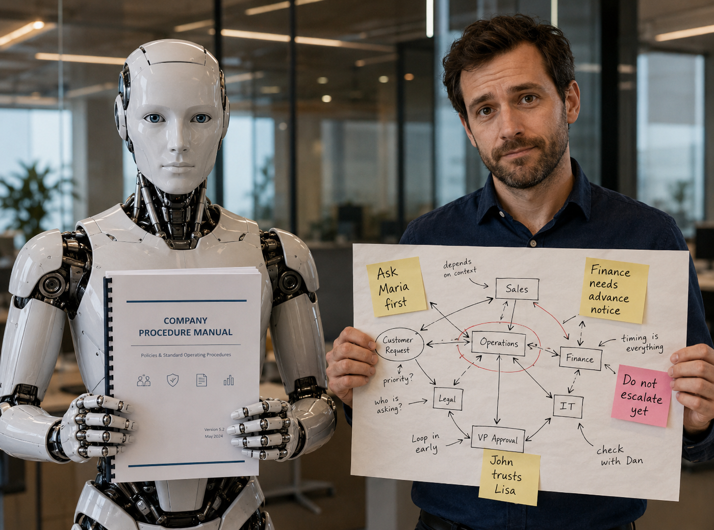 AI robot holding a company procedure manual beside a human employee holding a hand-drawn organizational map with notes such as “Ask Maria first,” “Finance needs advance notice,” “Do not escalate yet” and “John trusts Lisa,” illustrating the difference between documented procedures and institutional knowledge.