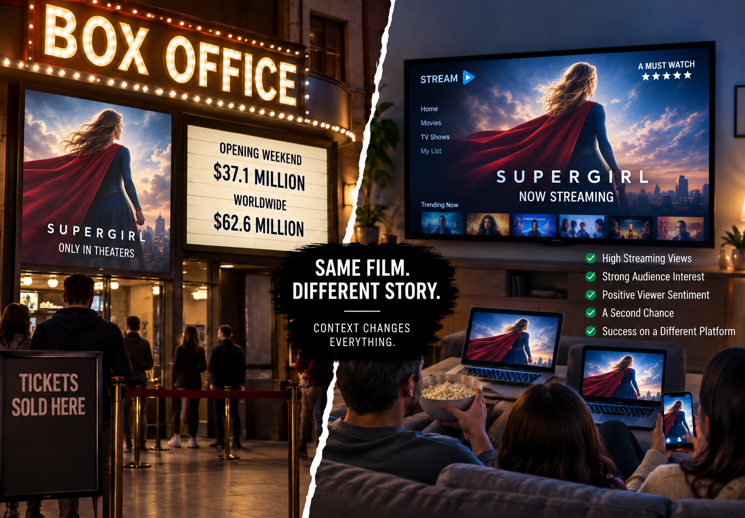 Split-screen graphic comparing Supergirl’s box office performance with its streaming success, showing a caped female figure outside a movie theater on one side and viewers watching the film at home on multiple devices on the other.
